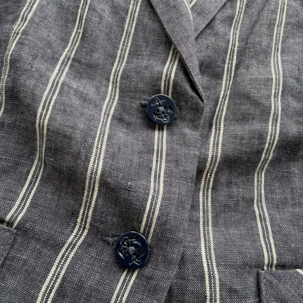 Cabi Women 8 Navy Blue White Stripe 100% Linen Anchor Button Blazer 871 Nautical
